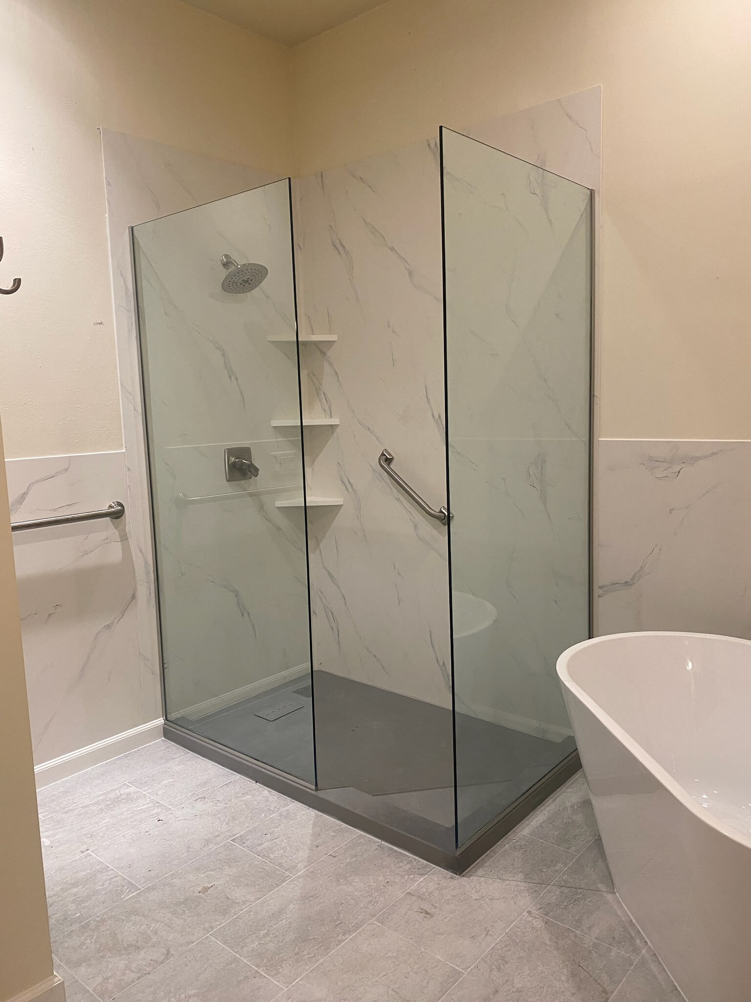 pearl stone shower with free standing tub