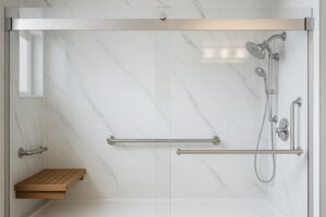 Accessible bathroom remodel for seniors with shower bench and grab bars
