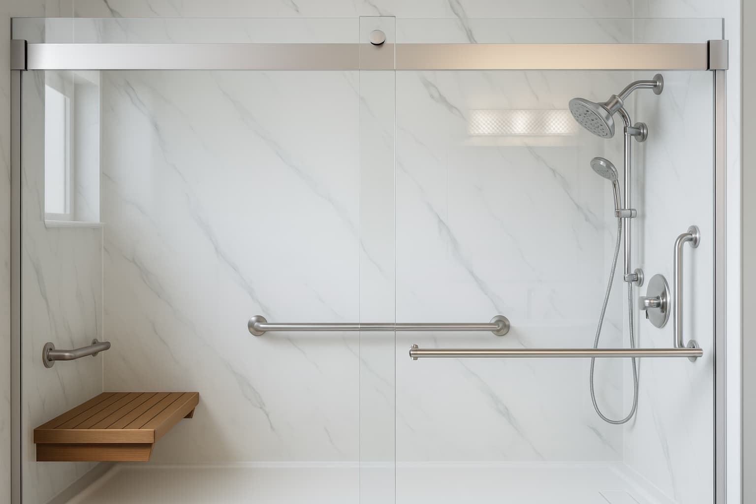 Accessible bathroom remodel for seniors with shower bench and grab bars