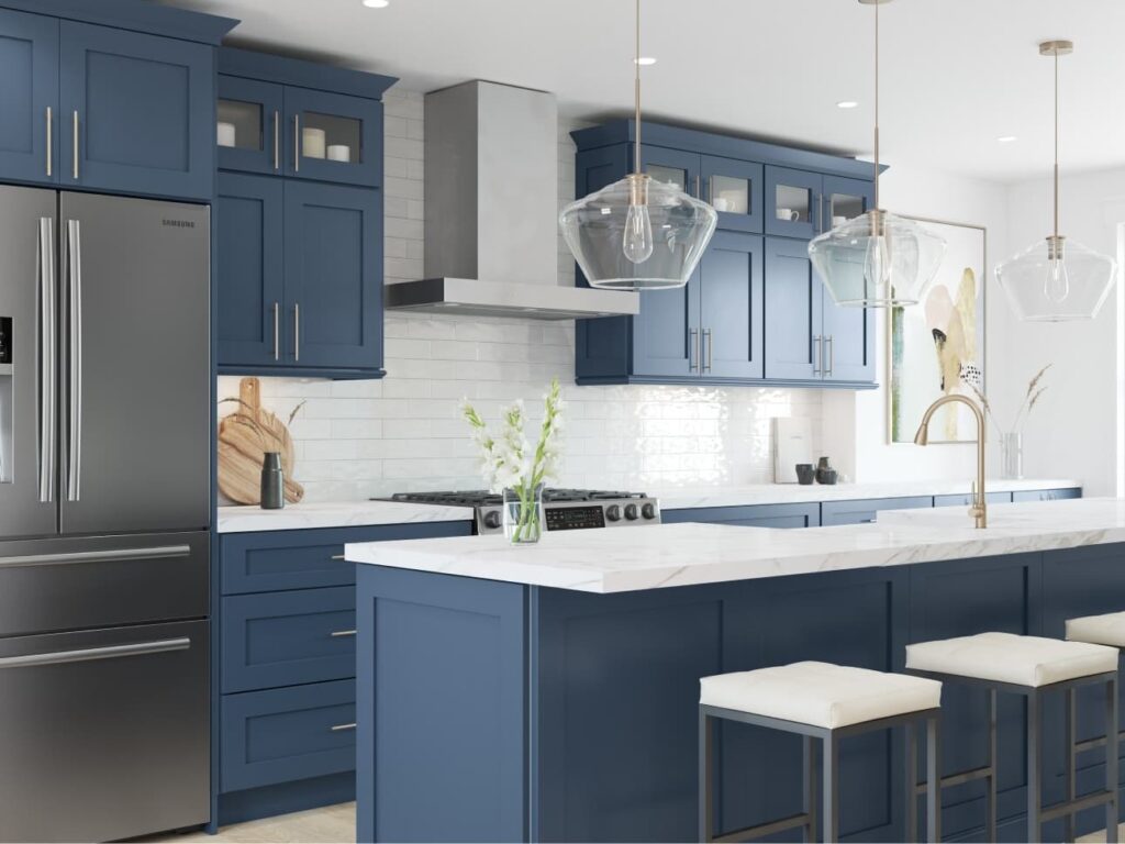complete kitchen remodel in Colorado Springs with blue cabinets and white countertops